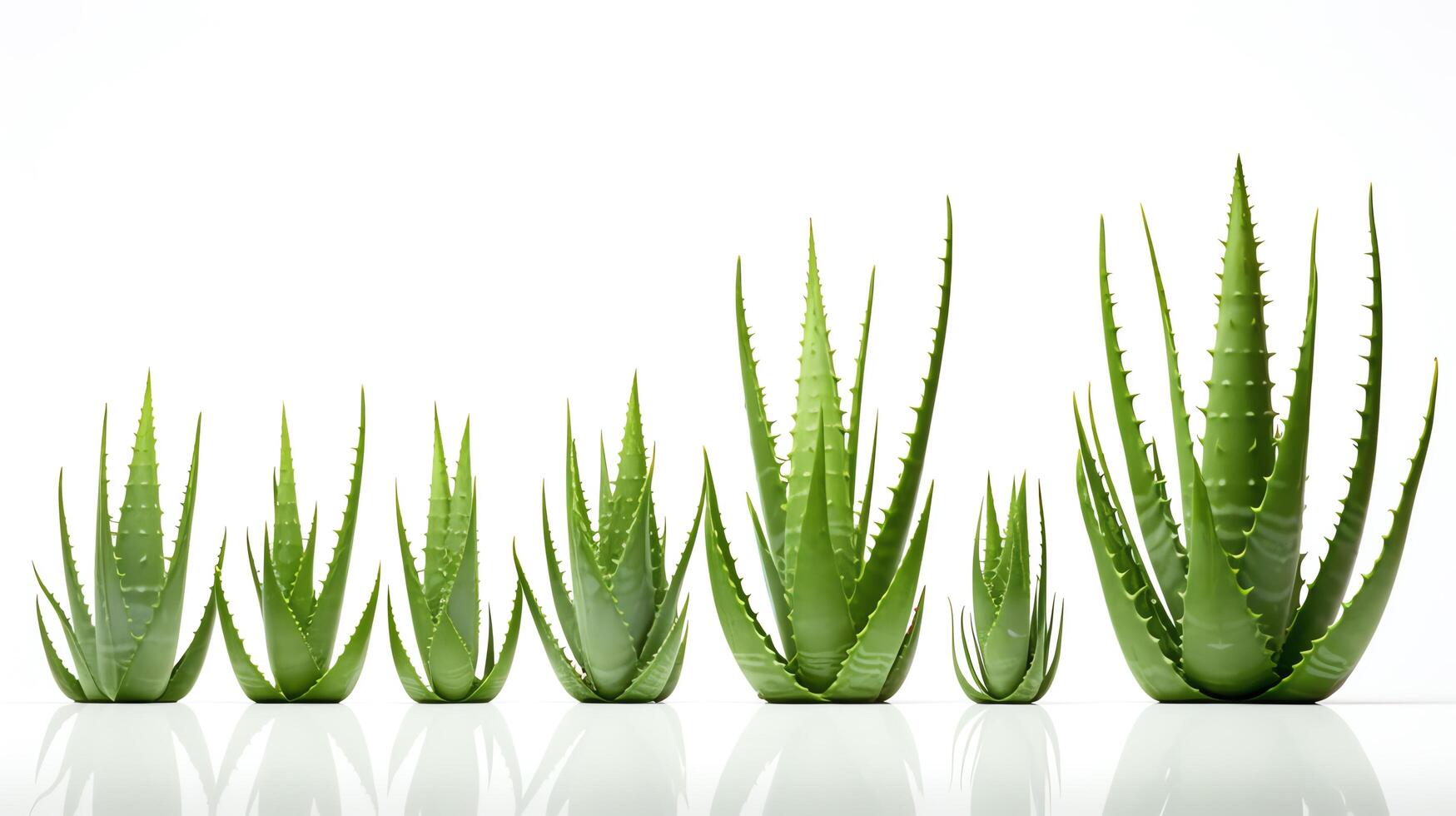 Close-up shot of several Aloe Vera plants of varying sizes, arranged neatly to showcase their natural growth pattern, isolated on a white background for educational or commercial p photo