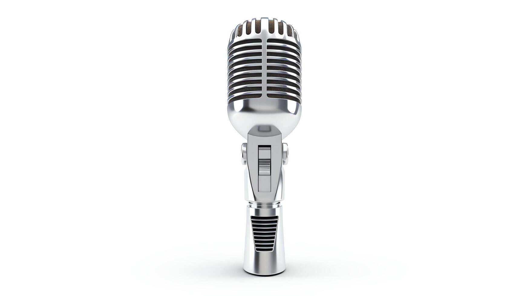 High-definition 3D render of a classic dynamic microphone, featuring a sleek metallic finish and professional design, isolated on a white background for audio equipment marketing. photo