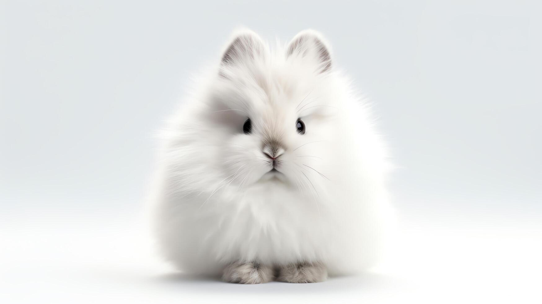 Detailed 3D render of a fluffy white rabbit sitting upright, its soft fur and bright eyes captured in high resolution, perfectly isolated on a white background for educational or p photo