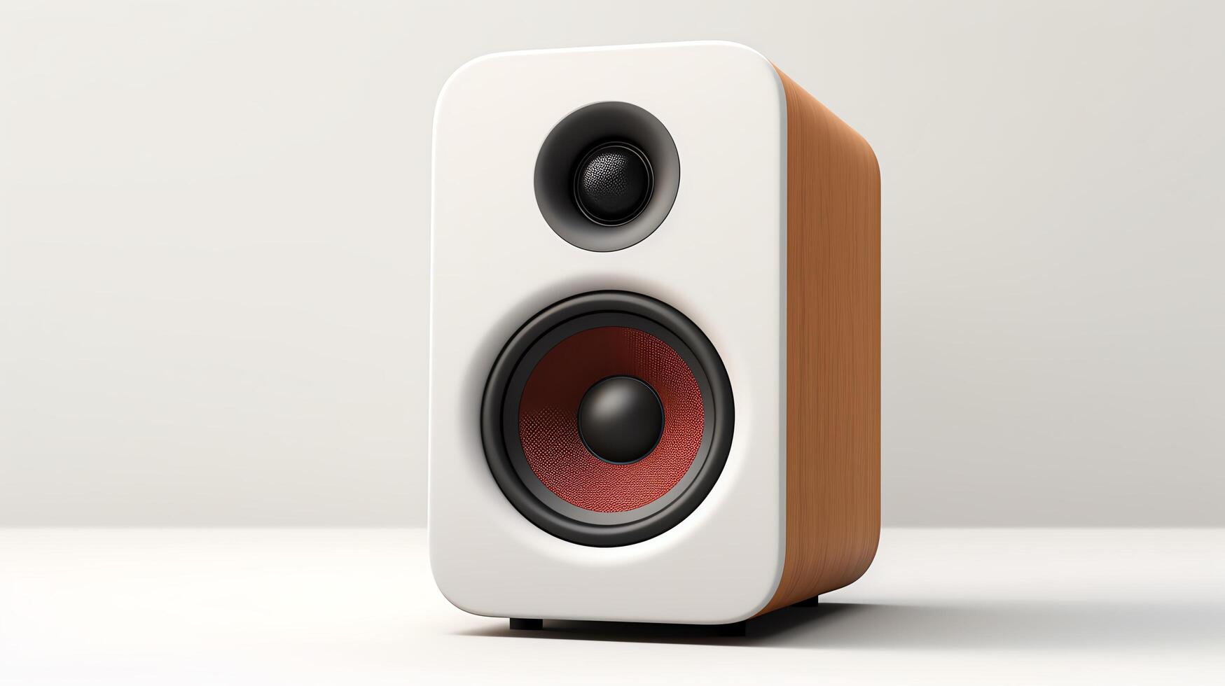 Minimalist image of a small desktop loudspeaker, designed for computer setups, showing subtle design elements and smooth contours, isolated on a white background for tech product c photo