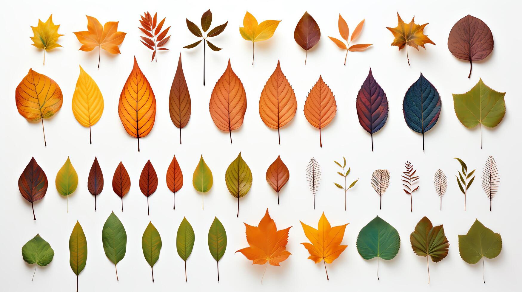A collection of autumn leaves in various shapes and colors on a white background. photo