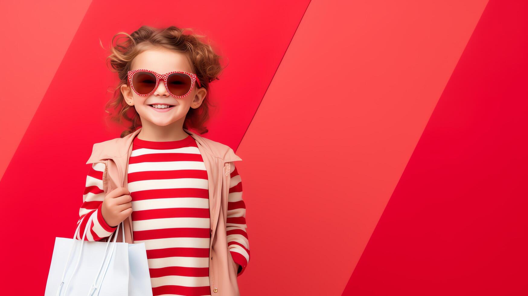 Little girl in sunglasses holding shopping bags. photo