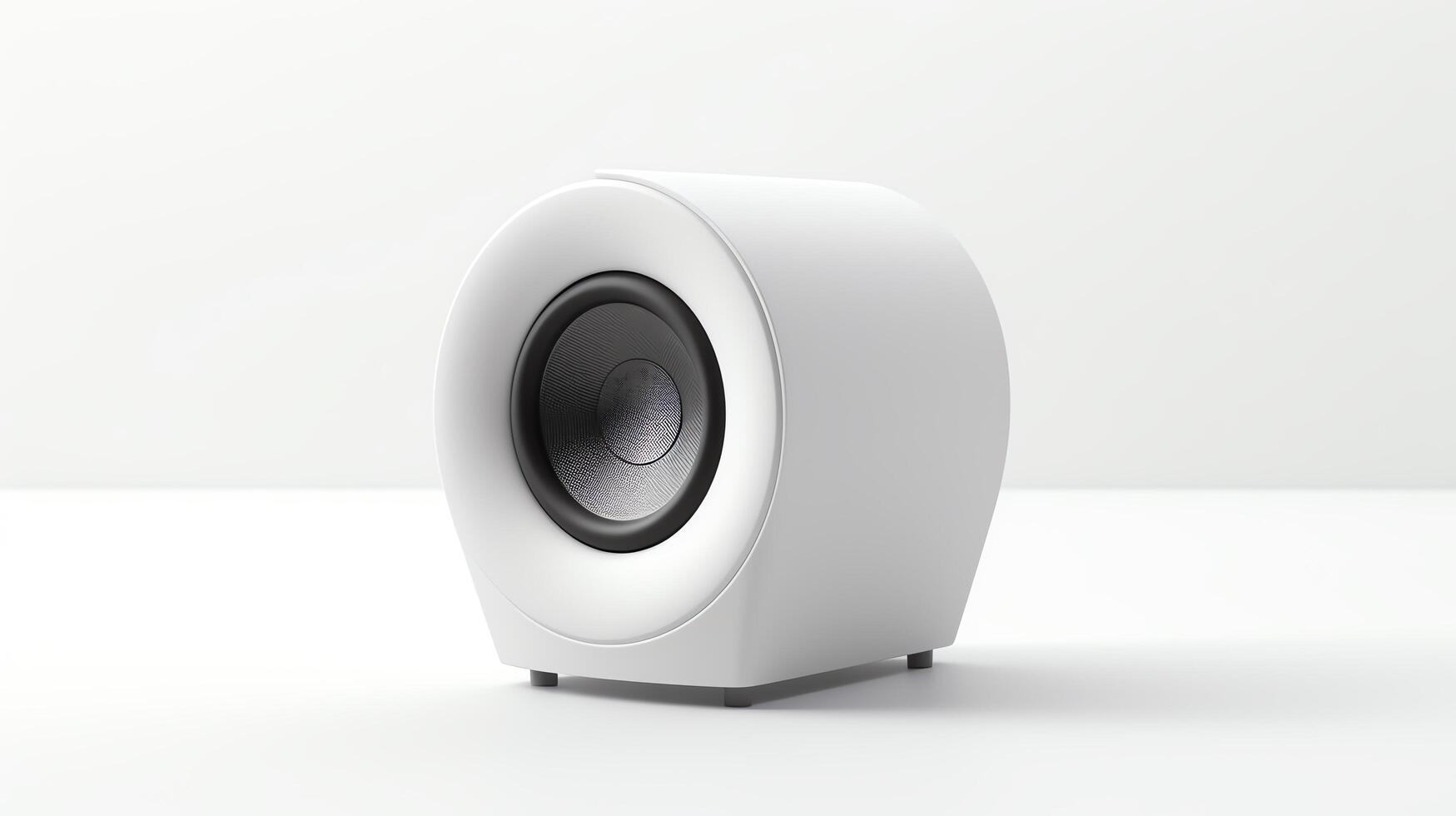 Minimalist image of a small desktop loudspeaker, designed for computer setups, showing subtle design elements and smooth contours, isolated on a white background for tech product c photo