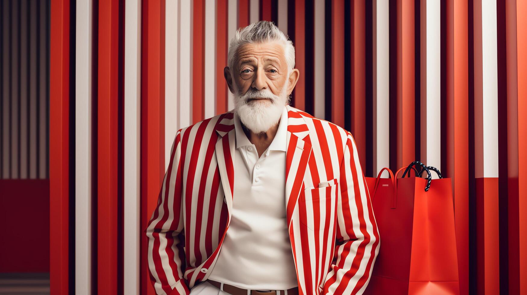 A distinguished older gentleman with a silver beard and mustache is standing in front of a red and white striped background photo