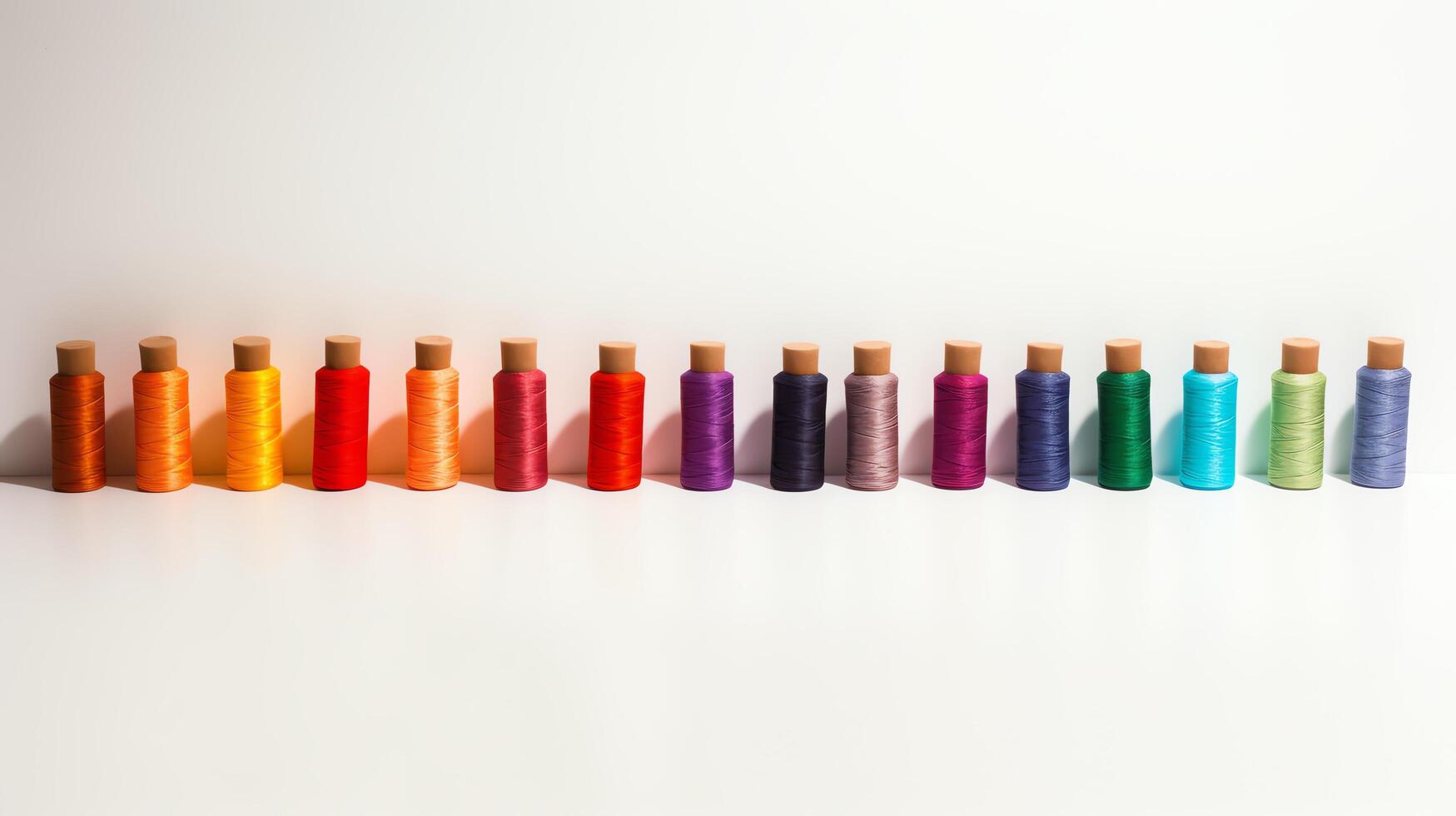 Artistic shot of thread spools arranged in a rainbow formation, casting colorful shadows, set against a simple, white backdrop to emphasize color and creativity. photo