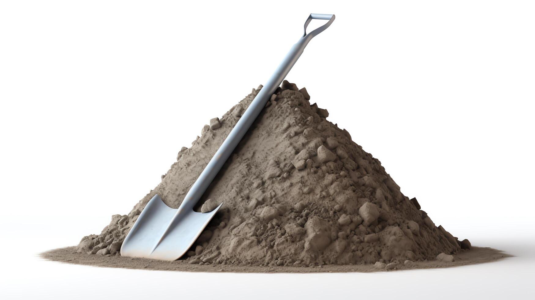 Creative representation of a cement pile with a trowel resting on top, symbolizing ongoing construction work, isolated on a white background for a clean, professional look. photo
