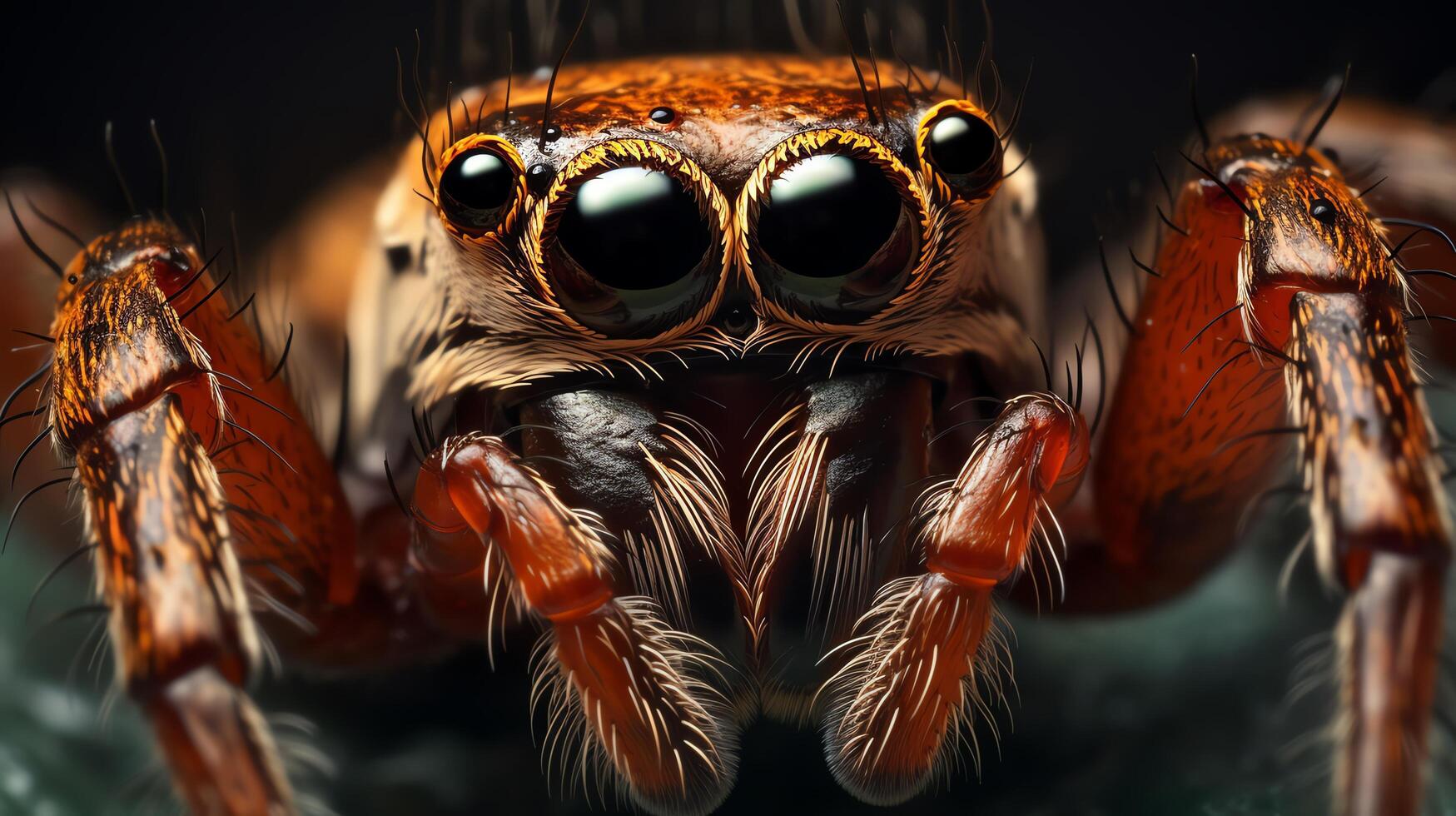 Take an extreme close up photograph of a jumping spider. Focus on the details of the spider's eyes and the hairs on its body. photo