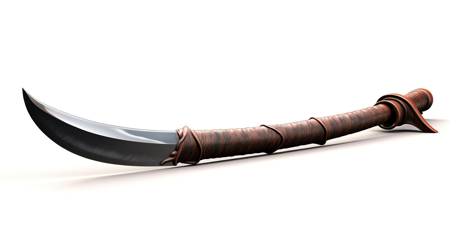 Artistic 3D rendering of an ancient katana, featuring a traditional wrapped handle and a curved, sharp blade, isolated on a white background, ideal for martial arts themes or colle photo