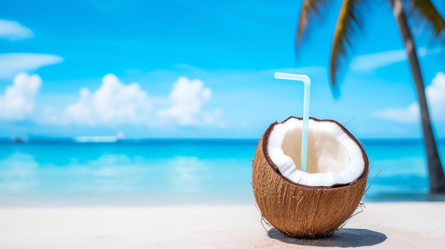 Fresh coconut with a straw on a vibrant, multicolored tropical beach background, symbolizing summer and relaxation. photo