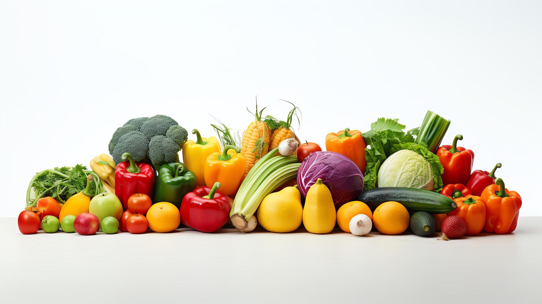 Bright and focused photo of a variety of fresh fruits and vegetables arranged neatly, offering vibrant colors against a stark white background, suitable for healthy lifestyle promo