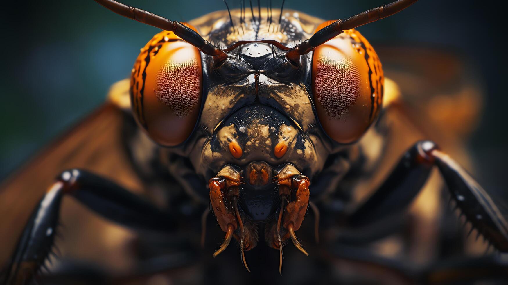 Detailed macro shot of a cicada's face, providing a hyperreal view of its sophisticated eye arrangement and subtle mouthparts, capturing the essence and exquisite detail in extreme photo