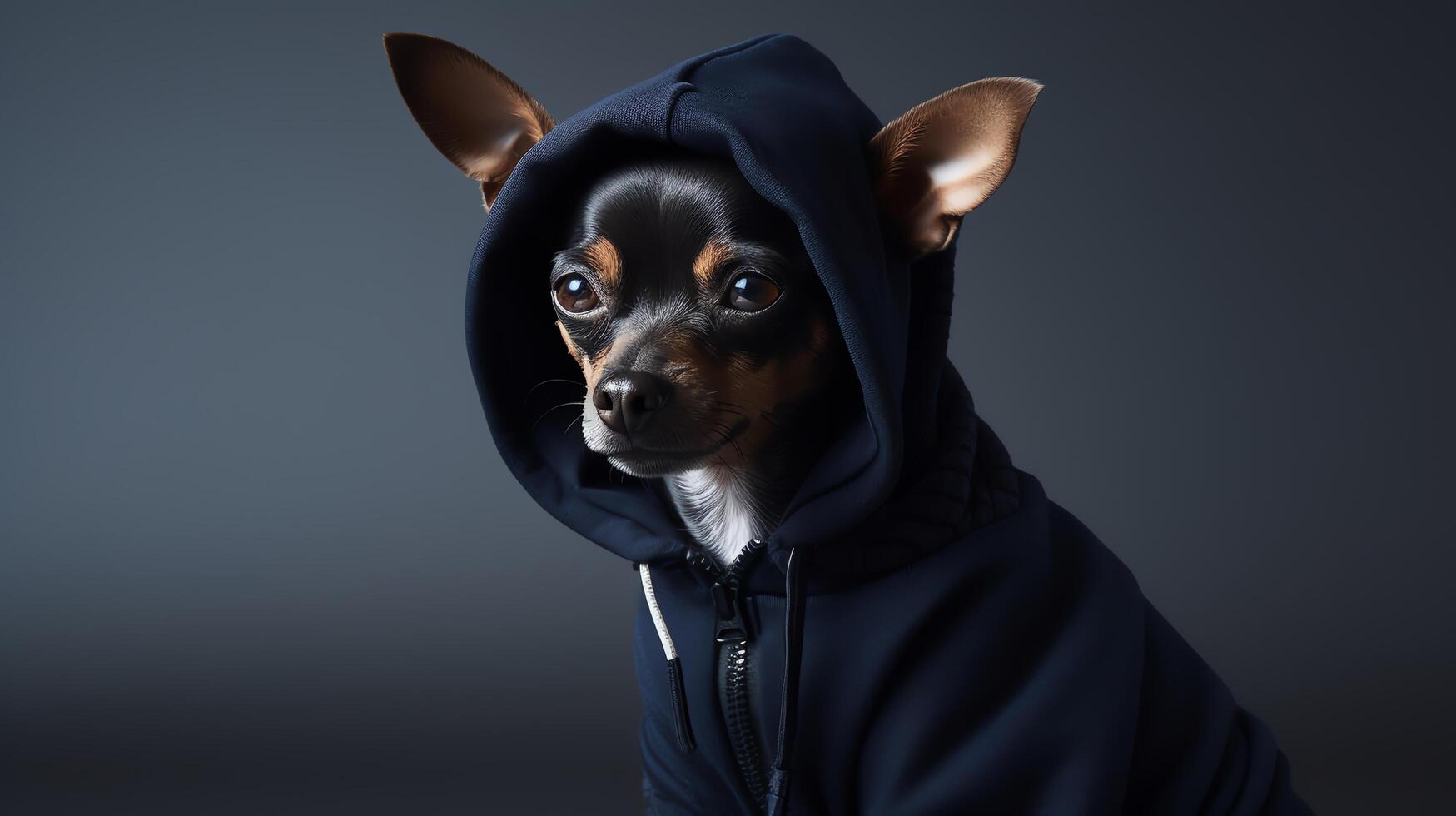 Heartwarming image of a medium-sized dog dressed in a navy blue hoodie, sitting proudly, the fabric gently hugging its body, captured against a clean, white background. photo