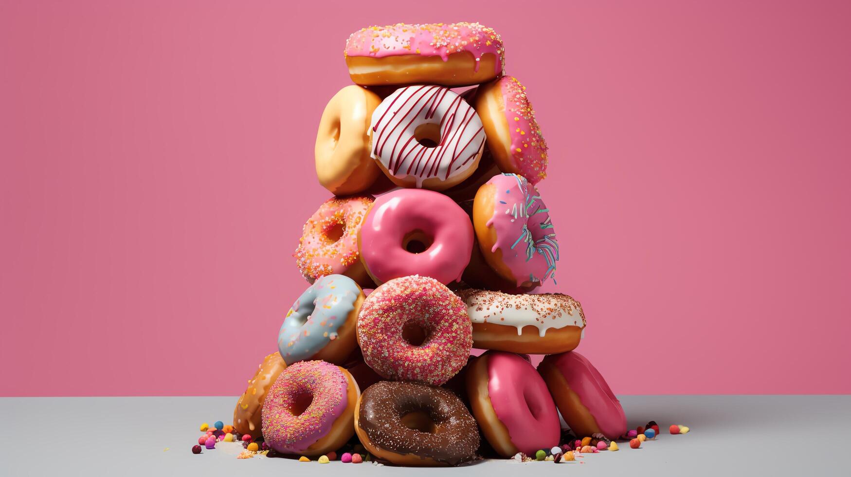 A series of 3D donuts arranged in an artistic composition, varying in flavors and toppings, set against a minimalist backdrop. photo
