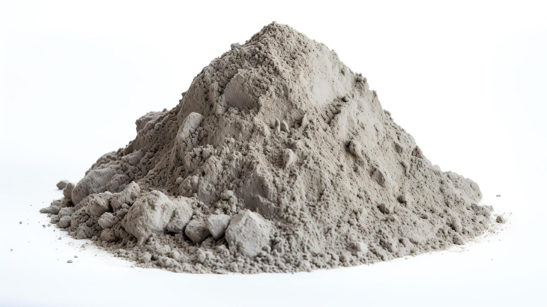 Close-up photo of a rough mound of cement mix, showcasing its grainy texture and shades of gray, perfectly isolated on a white background for educational or commercial use.