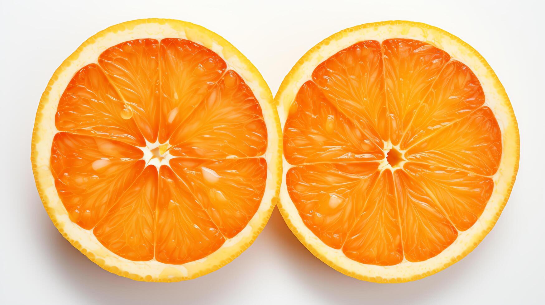 High-definition photo of an orange cut in half, displaying the juicy interior and detailed texture of the pulp, set against a pure white backdrop for a clean, appealing look.
