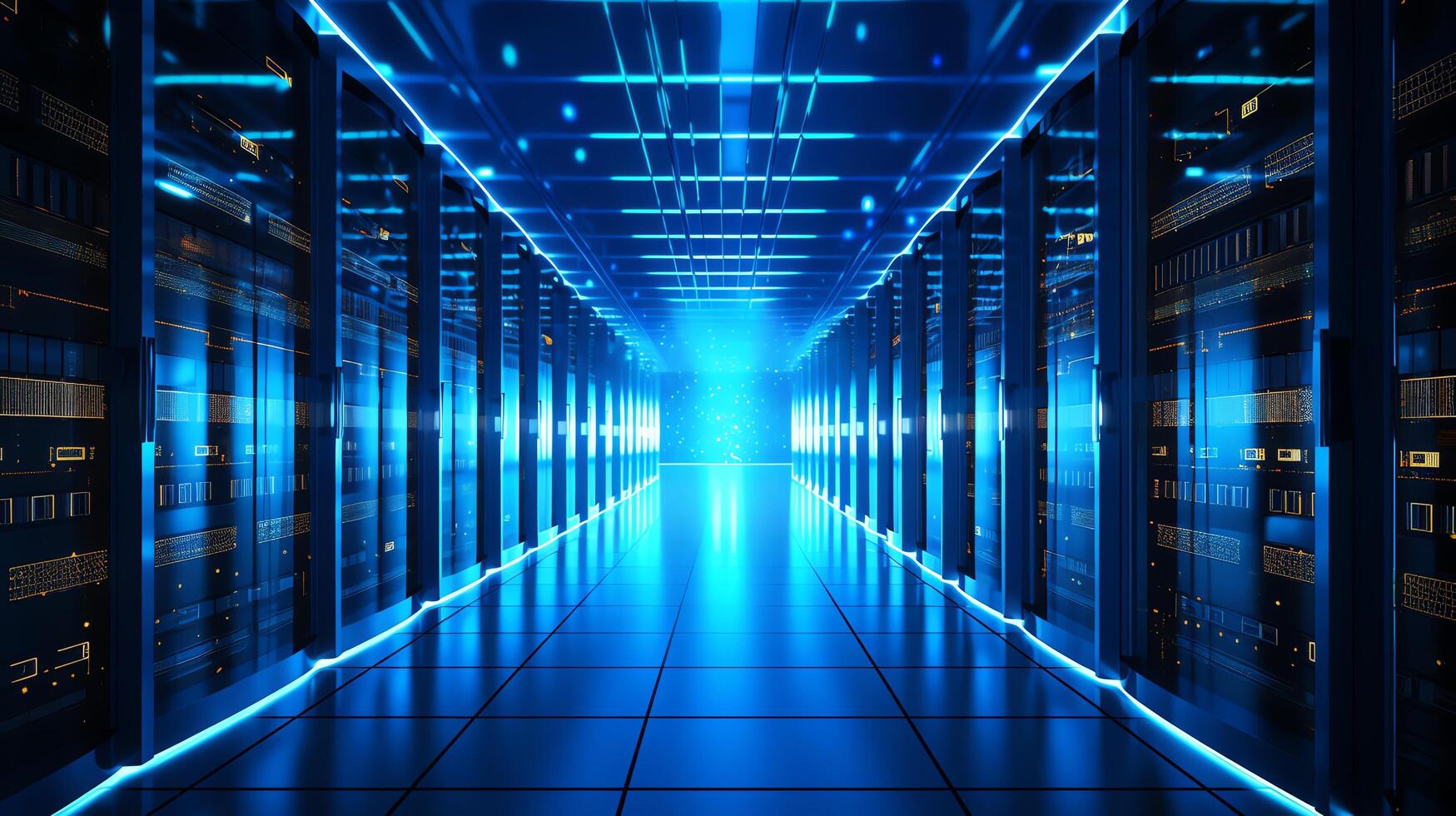 Busy data center with rows of servers emitting blue lights, focus on network and information technology infrastructure. photo