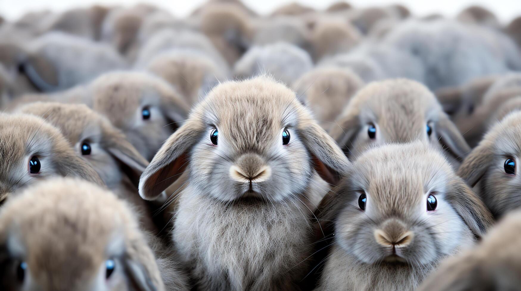 Charming image of a small grey rabbit with lop ears, looking curiously at the camera, its delicate features highlighted against a stark white background, ideal for pet care adverti photo