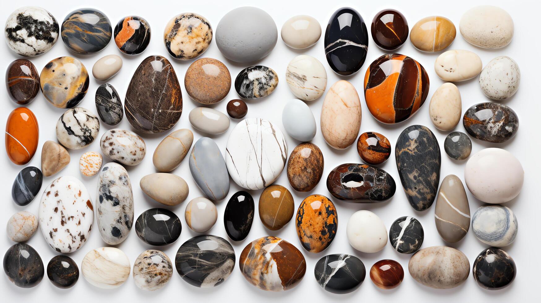Creative arrangement of ornamental stones including marble, granite, and quartz, showcasing their polished surfaces and intricate patterns, isolated on a white background for inter photo