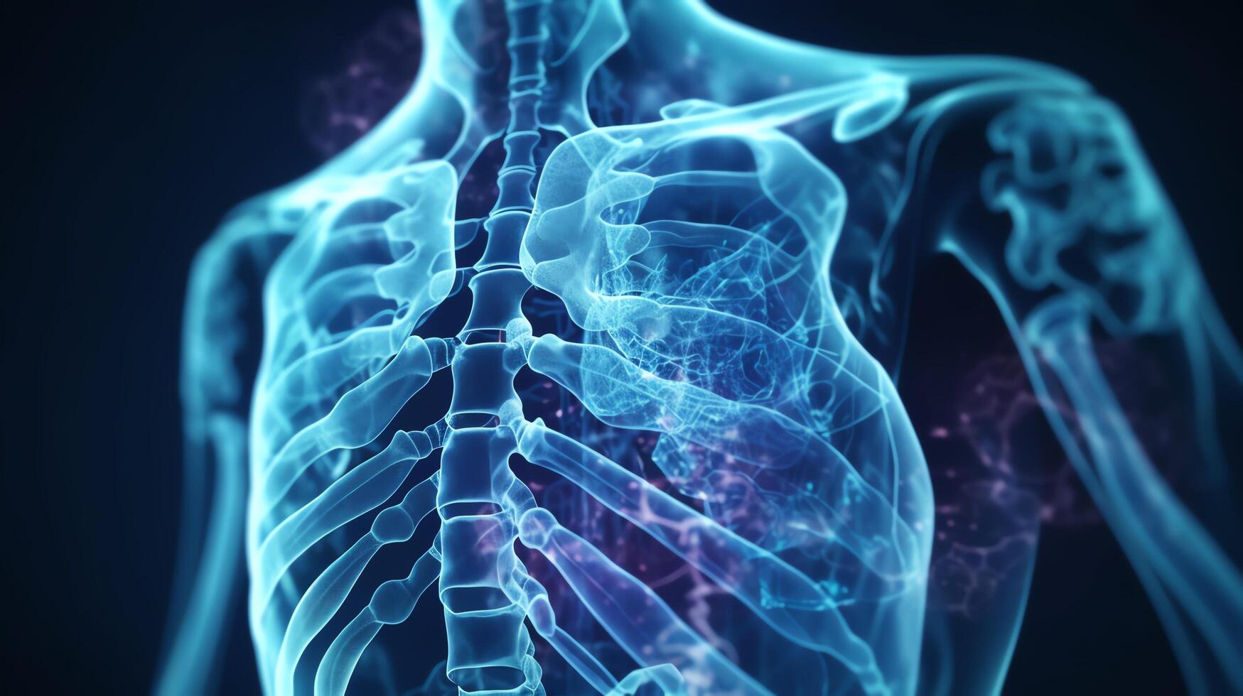 Close-up of a glowing X-ray film displaying a human chest, highlighting intricate bone structures and medical diagnostics. photo