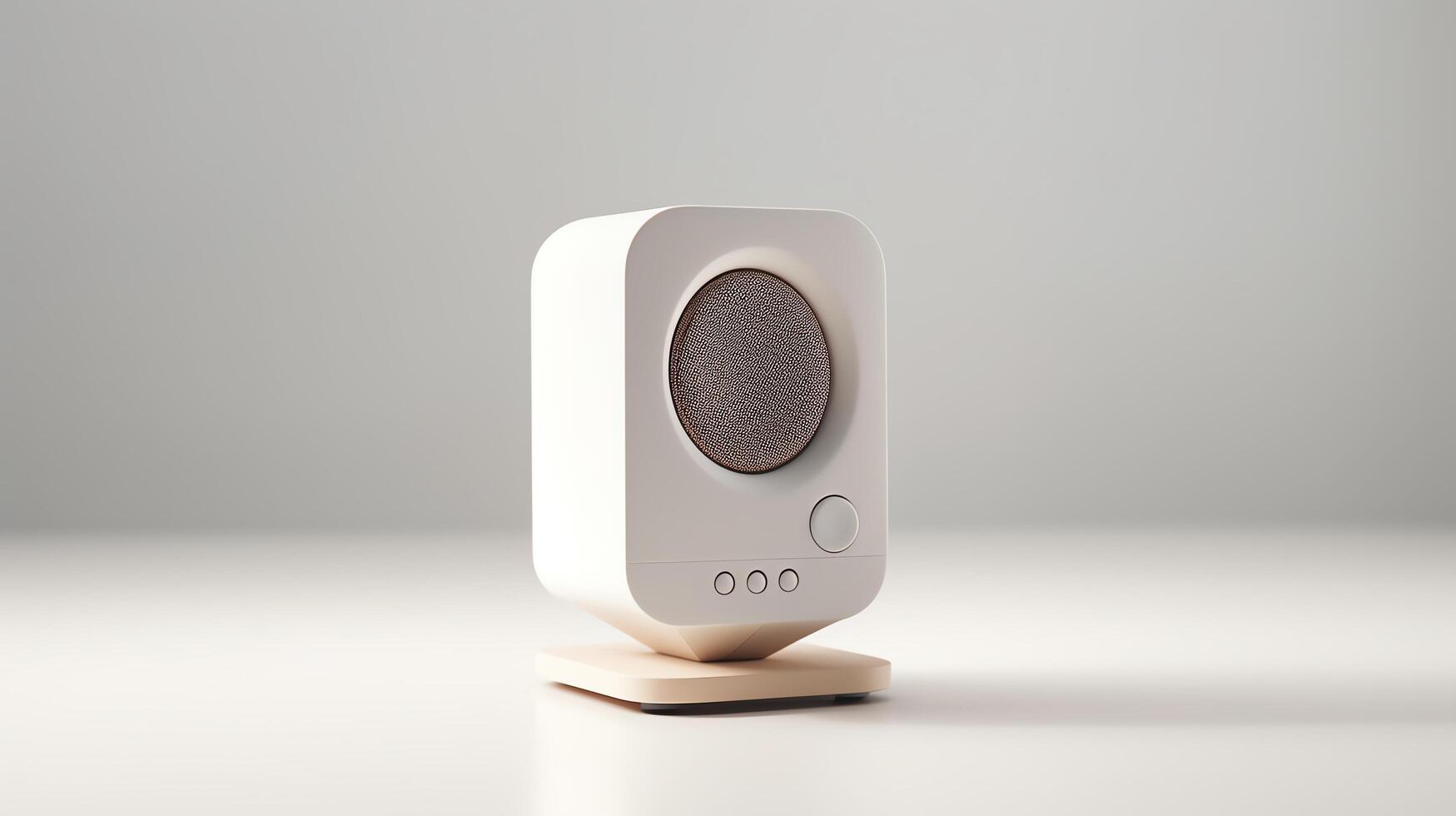 Minimalist image of a small desktop loudspeaker, designed for computer setups, showing subtle design elements and smooth contours, isolated on a white background for tech product c photo