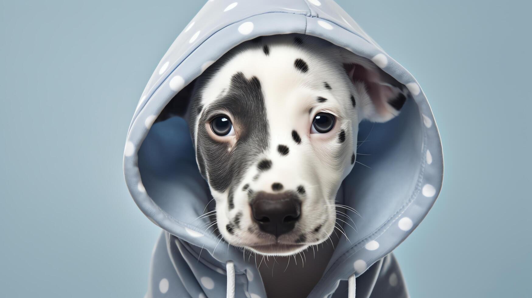 Charming shot of a playful puppy clad in a polka-dotted hoodie, its ears poking through specially designed holes, positioned on a white backdrop for a striking effect. photo