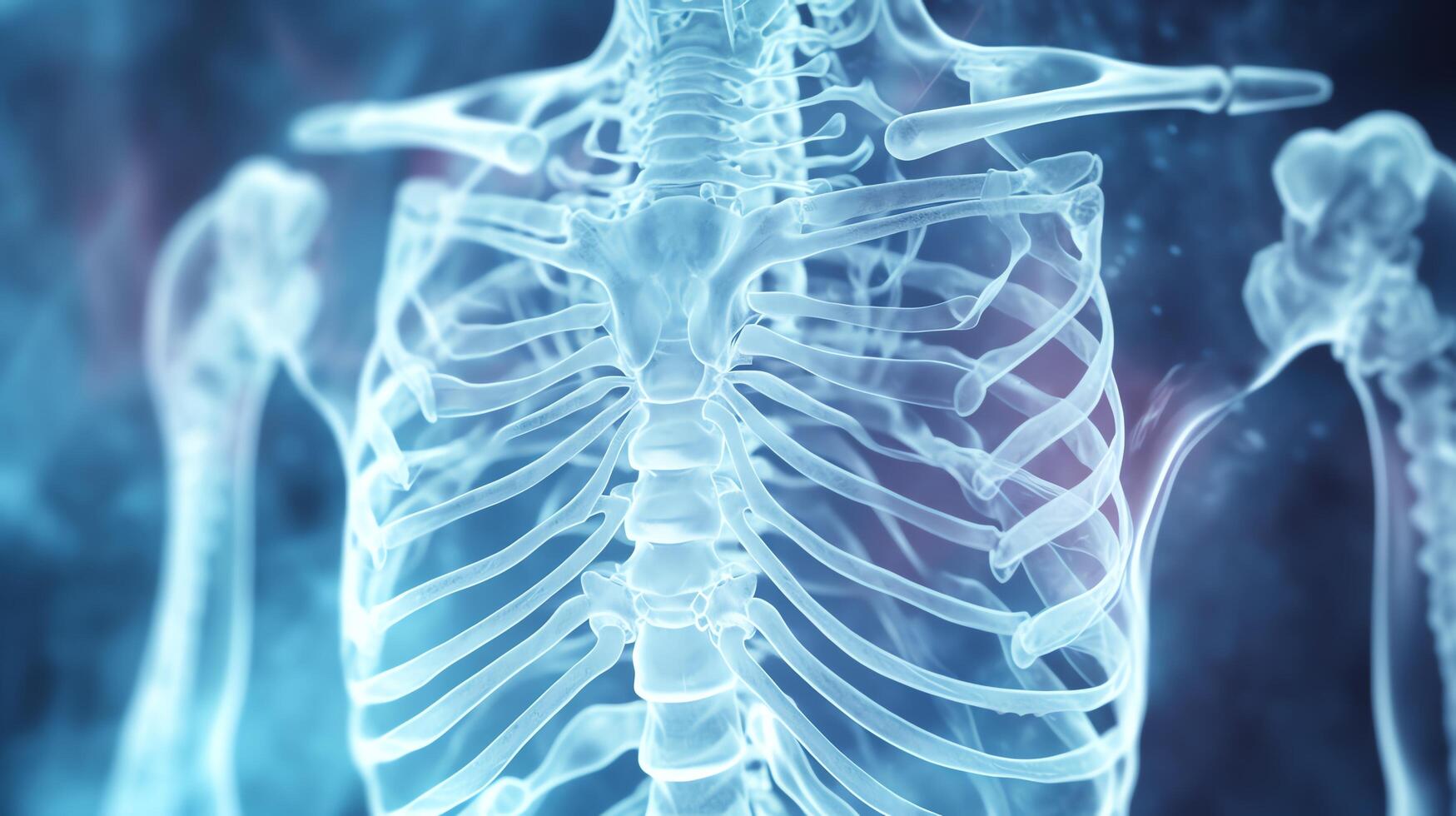Close-up of a glowing X-ray film displaying a human chest, highlighting intricate bone structures and medical diagnostics. photo
