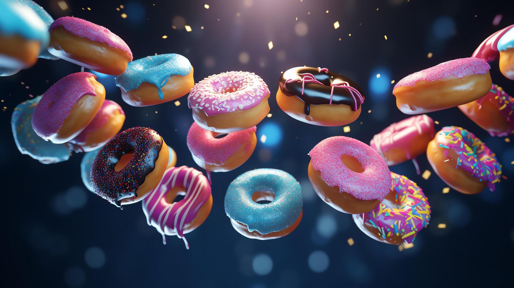 A cascade of colorful mini donuts falling against a neon-lit background, dynamic and full of motion, perfect for energetic themes. photo