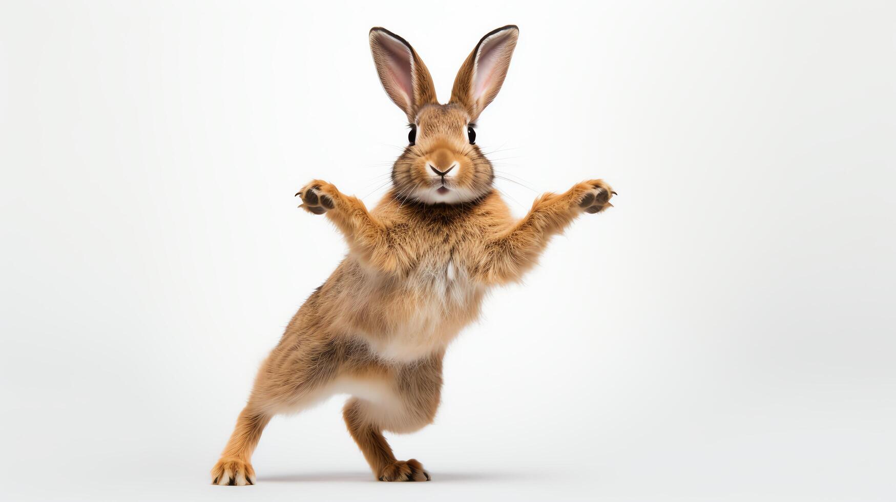 Artistic photo of a playful brown rabbit mid-hop, capturing its dynamic movement and adorable posture, isolated on a white background for a lively and engaging visual.