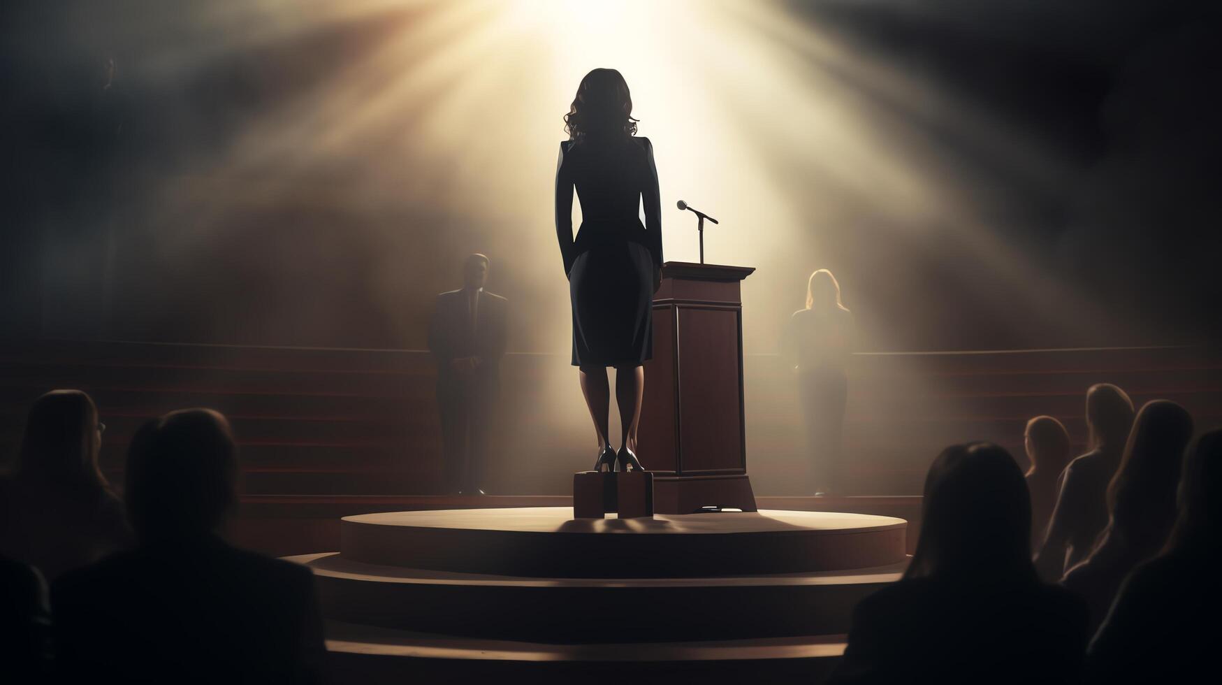 Dynamic image of a businesswoman making a bold presentation to skeptical executives, emphasizing courage and the challenge of winning over an audience. photo