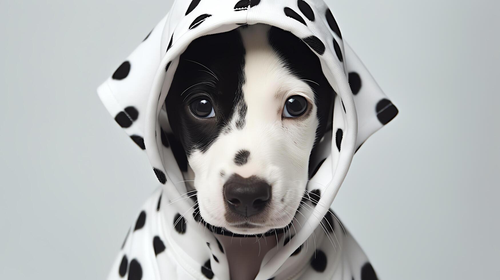 Charming shot of a playful puppy clad in a polka-dotted hoodie, its ears poking through specially designed holes, positioned on a white backdrop for a striking effect. photo