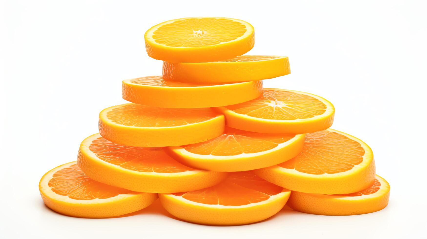 Creative depiction of a stack of orange slices, gradually transitioning from whole to segments, showcased against a white background to emphasize the vibrant, juicy layers. photo