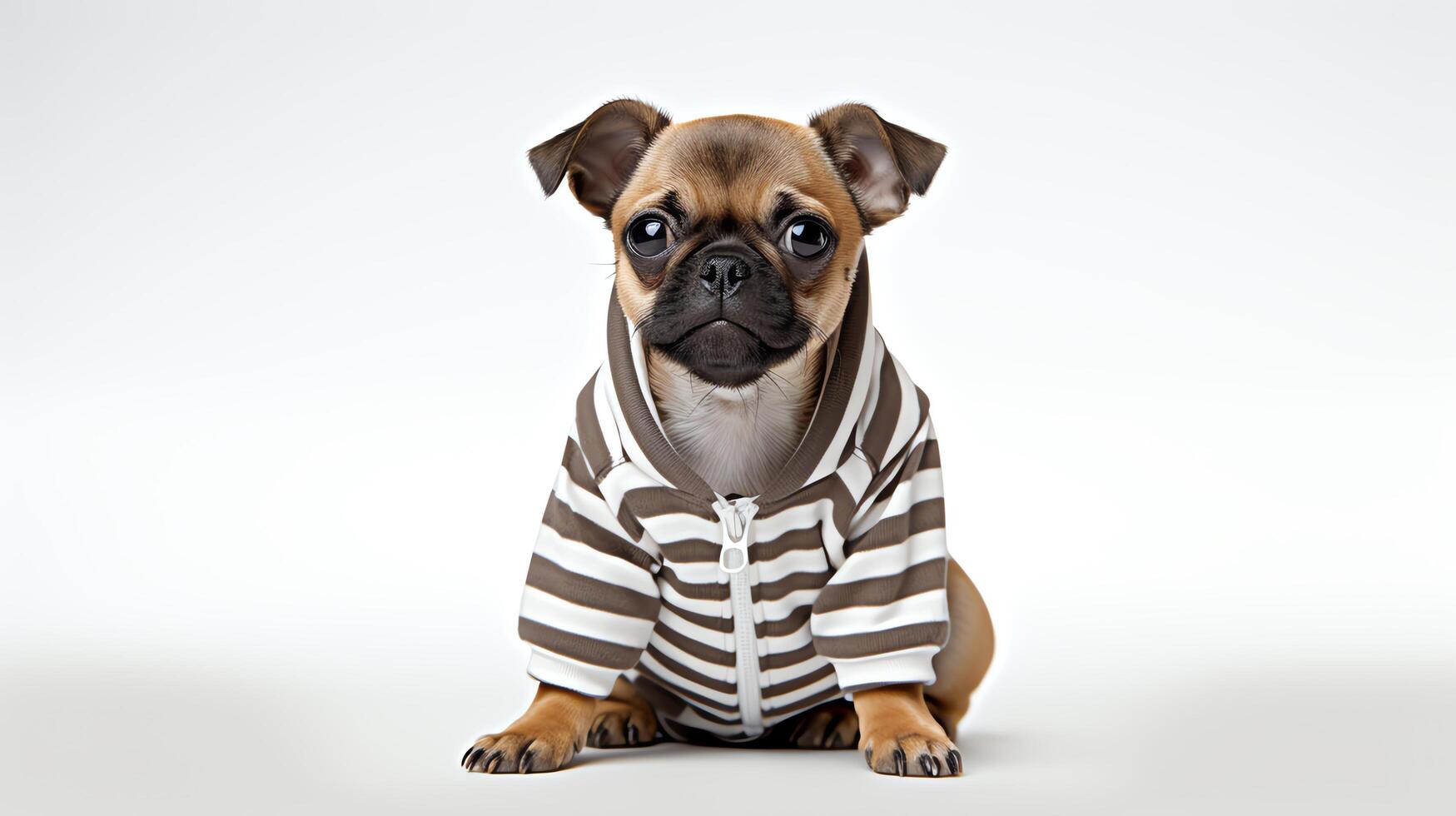 Cute and casual scene of a dog lounging in a striped hoodie, looking directly at the camera with a serene expression, perfectly framed against a stark white background to highlight photo