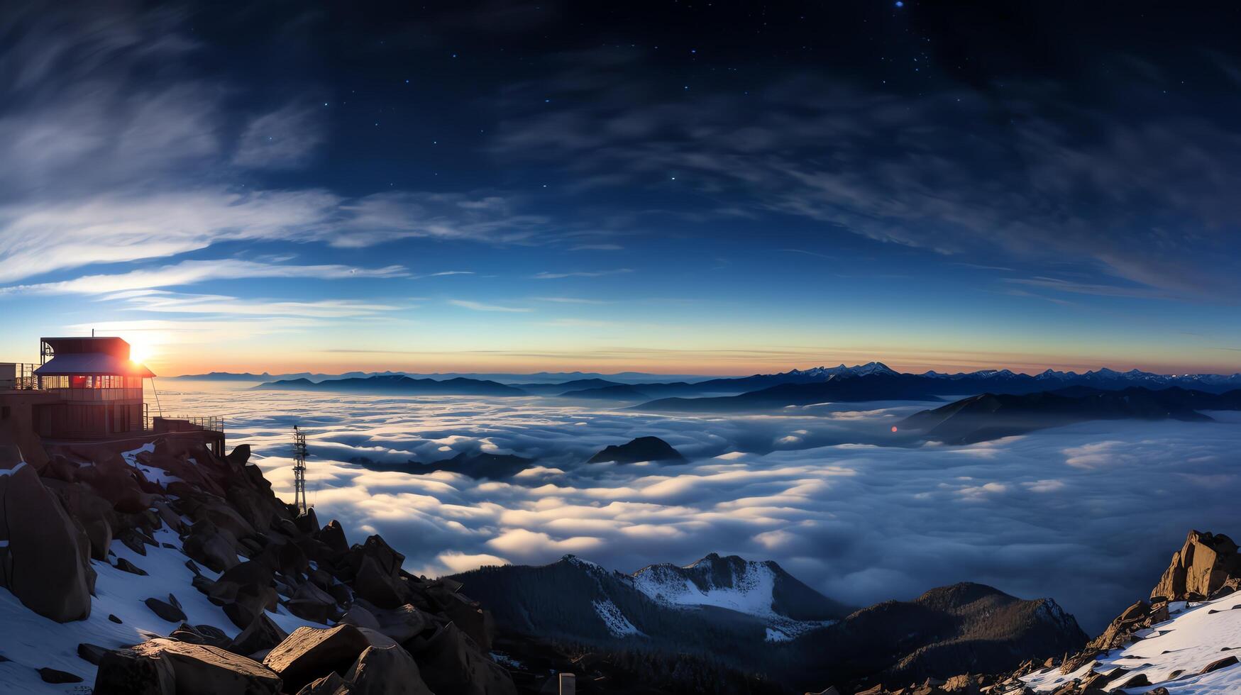 A mountain peak above the clouds at sunrise. The sky is clear and the stars are out. The mountain is covered in snow and the clouds are lit up by the sun. photo