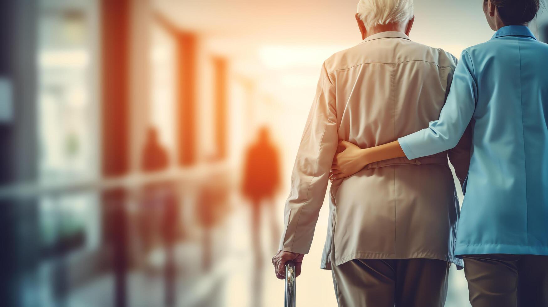 Nurse holding the hand of an elderly patient while walking down a hospital corridor, providing support and reassurance. photo