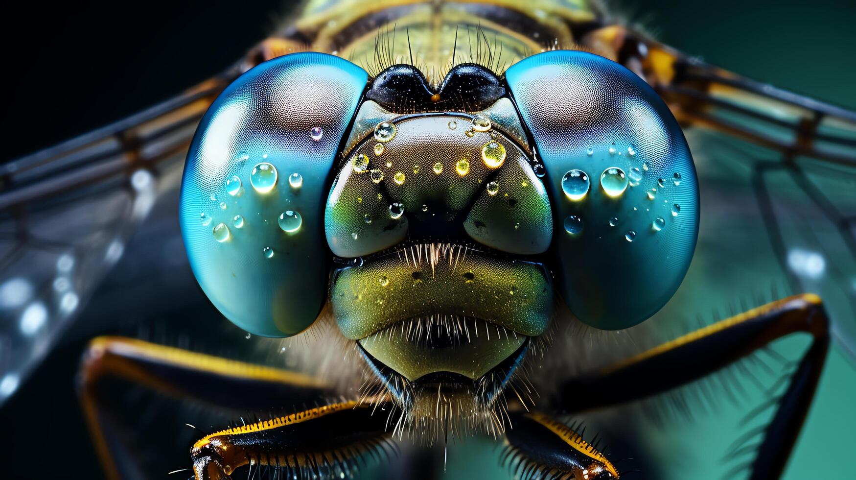 Take an extreme close up photograph of the compound eyes of a dragonfly. The eyes should be in focus and have water droplets on the surface. photo