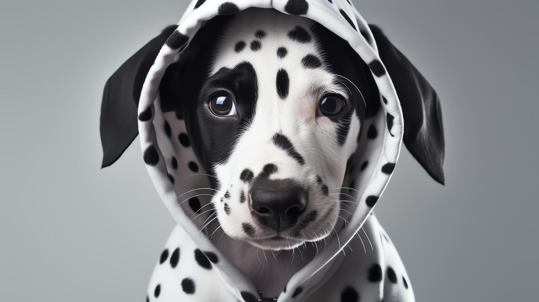 Charming shot of a playful puppy clad in a polka-dotted hoodie, its ears poking through specially designed holes, positioned on a white backdrop for a striking effect. photo