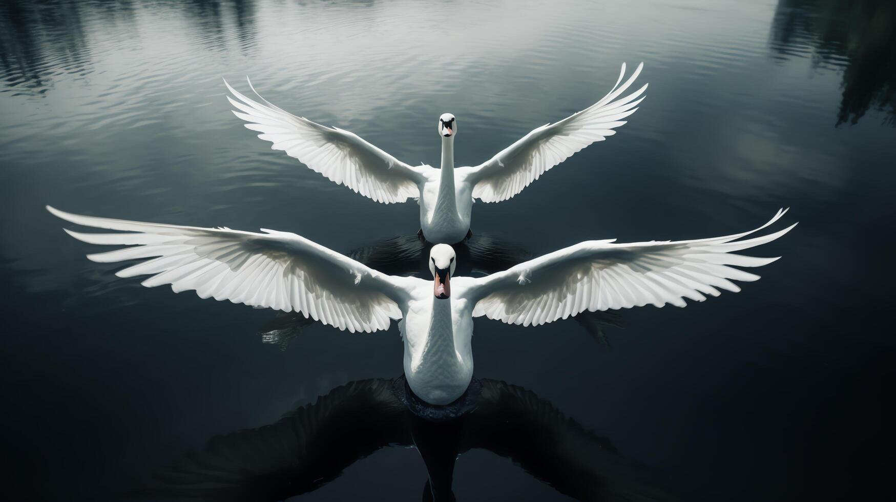 Stunning aerial shot capturing a graceful formation of swans gliding across a serene lake, their white feathers contrasting beautifully with the dark waters below. photo