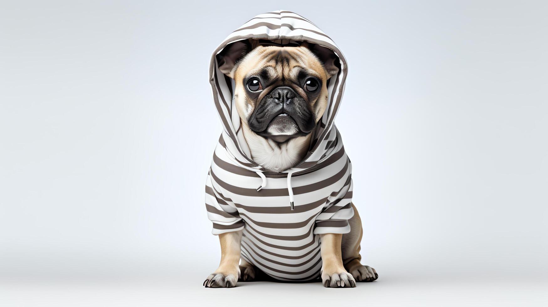 Cute and casual scene of a dog lounging in a striped hoodie, looking directly at the camera with a serene expression, perfectly framed against a stark white background to highlight photo