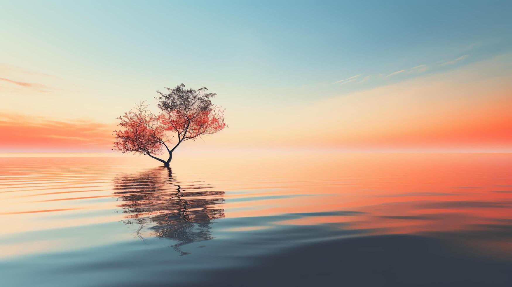 A single tree stands in the middle of a vast body of water. The sky is a gradient of orange and blue, and the water is a deep blue. The tree is reflected in the water. photo