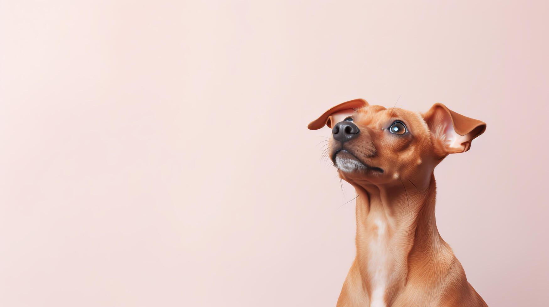 A cute dog gazing upwards, captured against a plain, light-colored background with significant copy space, suitable for pet adoption campaigns or educational pet care materials. photo