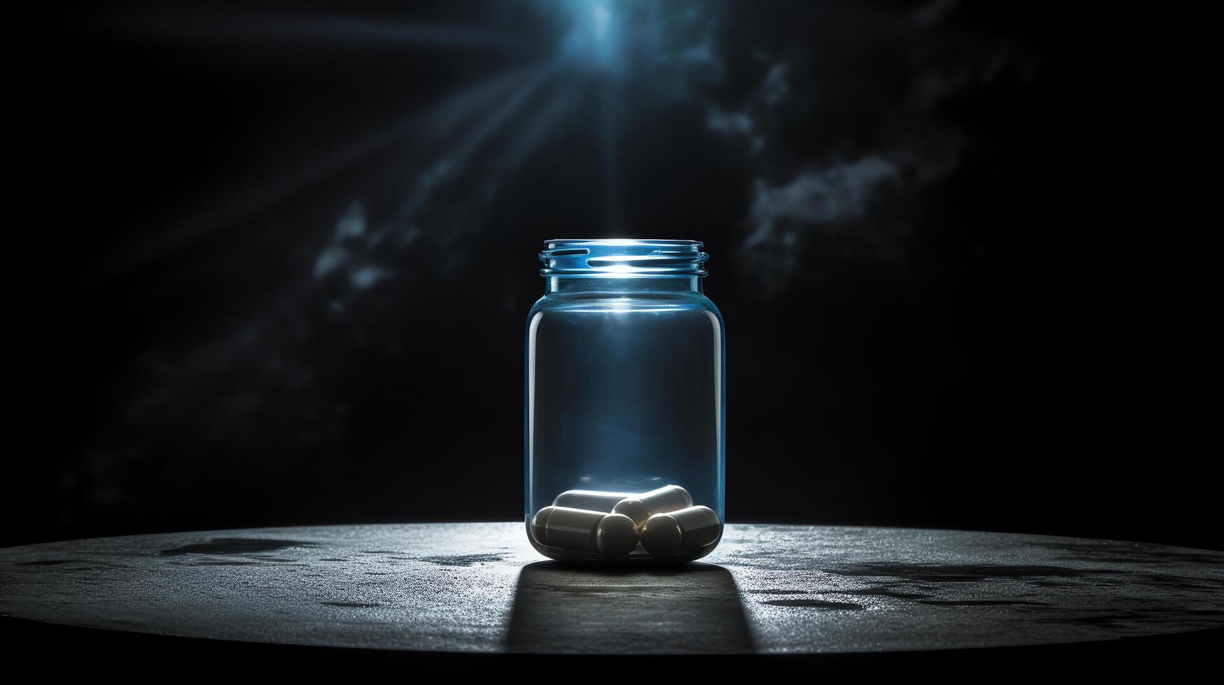 A dramatic scene of a single drug capsule highlighted under a spotlight against a dark, moody background, emphasizing the power of medication. photo
