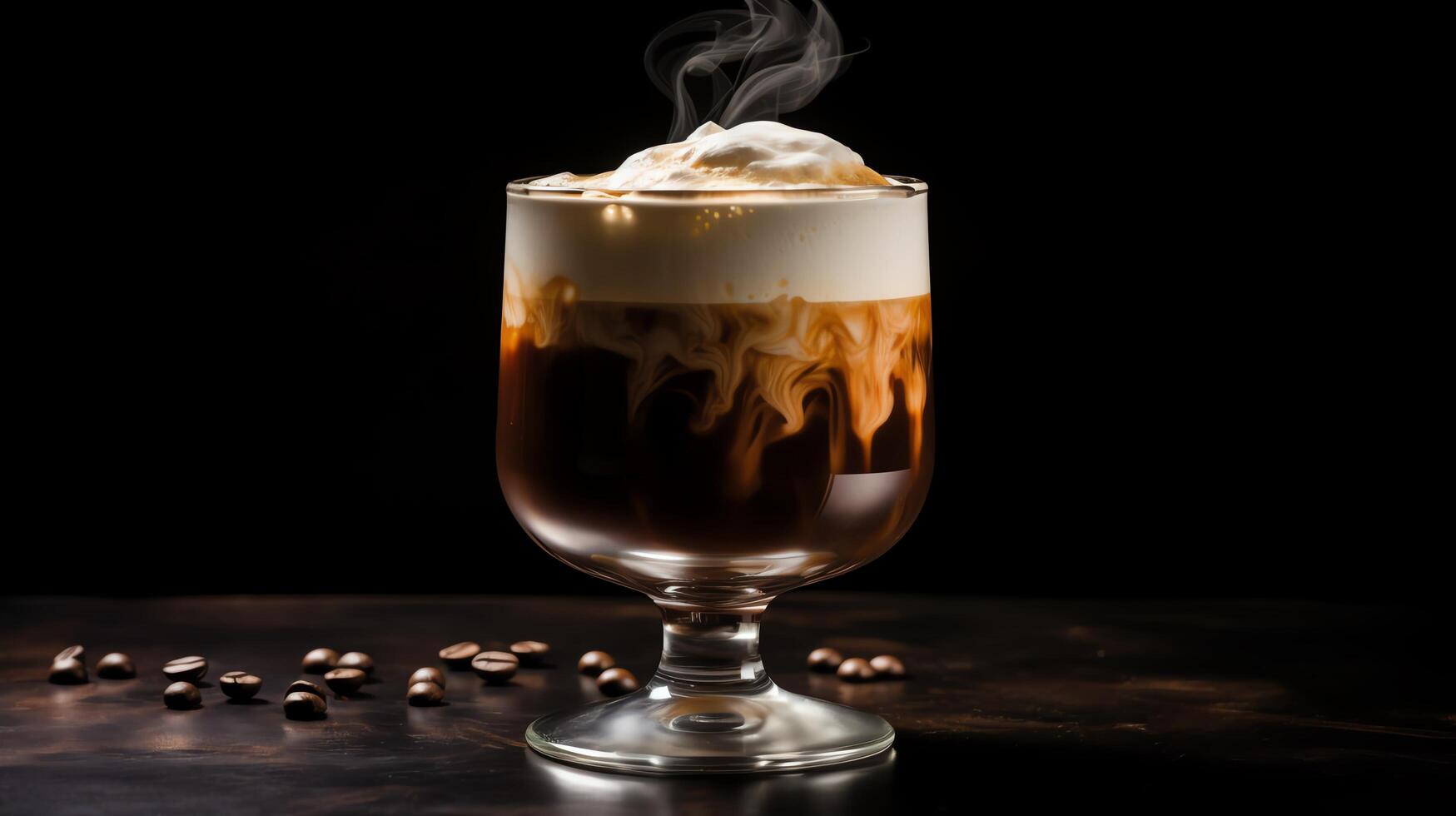 A photo of an Irish coffee in a glass on a table with coffee beans spilled next to it