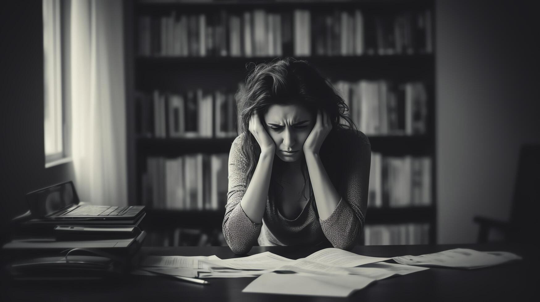 A woman is sitting at her desk, looking stressed. She has her hands on her head and is surrounded by paperwork. photo