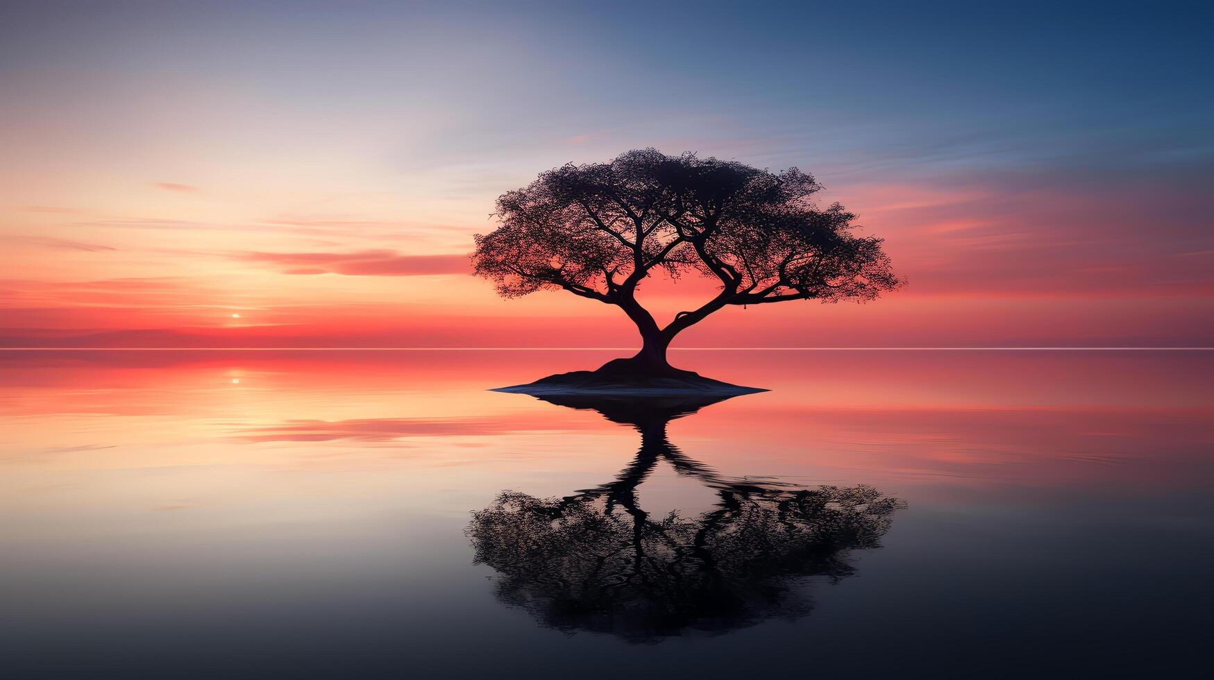 A large tree stands alone in the middle of a vast body of water. The sky is a deep orange and the water is a deep blue. The tree is reflected in the water. photo