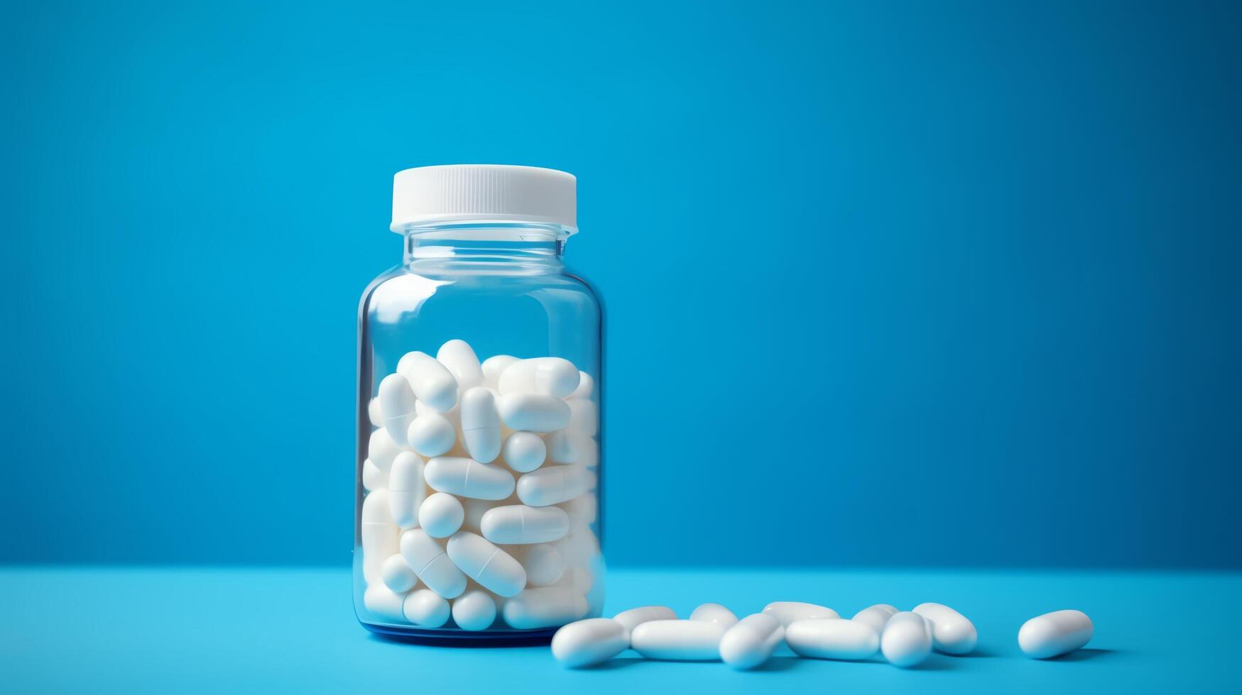 A close-up image of a prescription bottle filled with pills and capsules. The bottle is white and has a white cap. The pills are red, orange, and white. The background is blue. photo