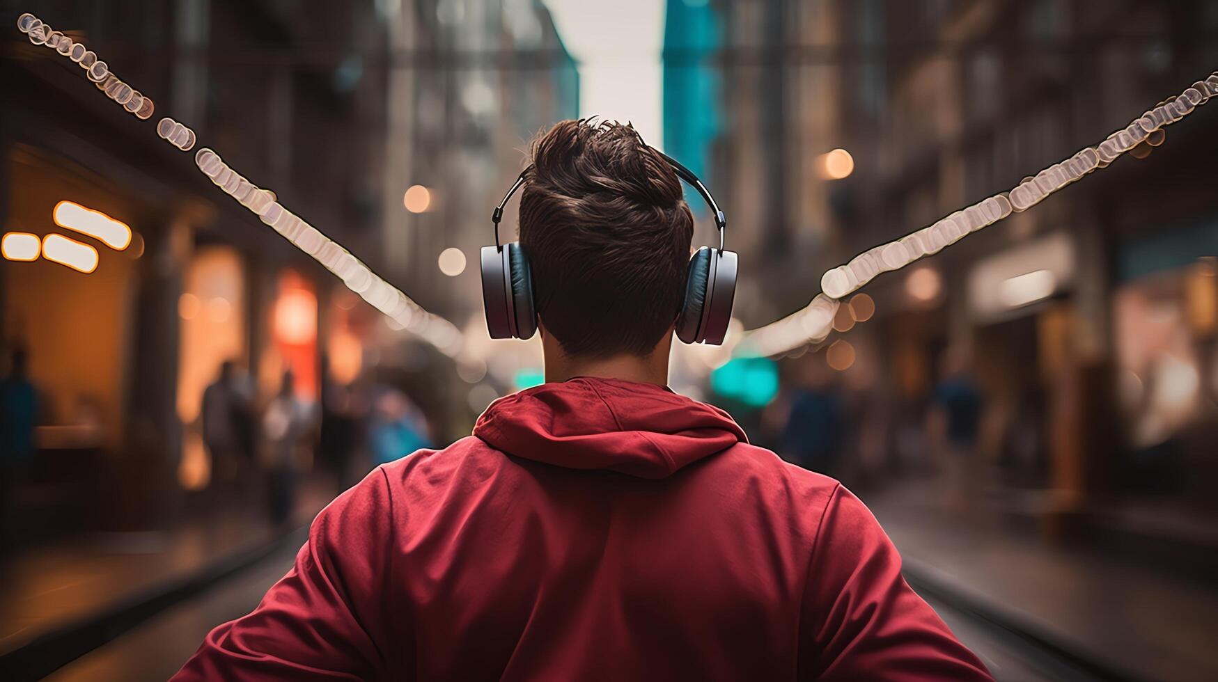 Candid shot of a man from behind, dancing alone with headphones, his body swaying in sync with the beat of his favorite tune. photo