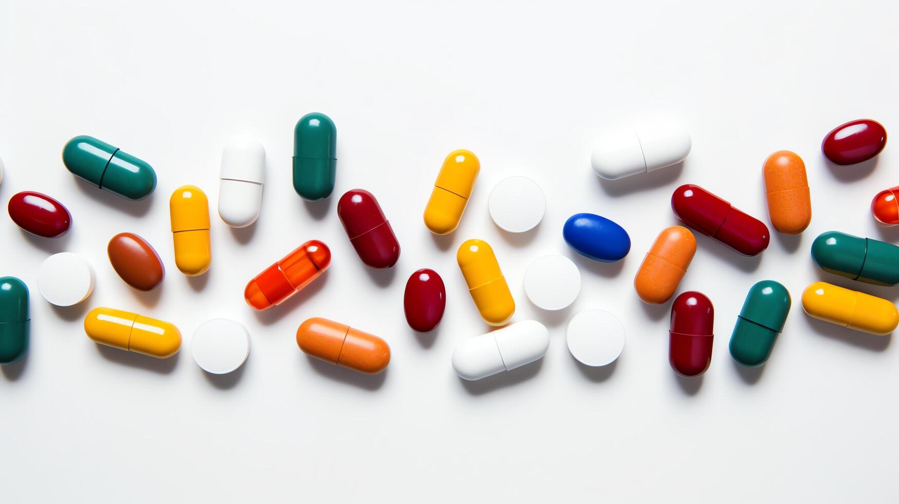 An array of various colorful pills scattered on a white background, symbolizing diversity in medication and healthcare options. photo