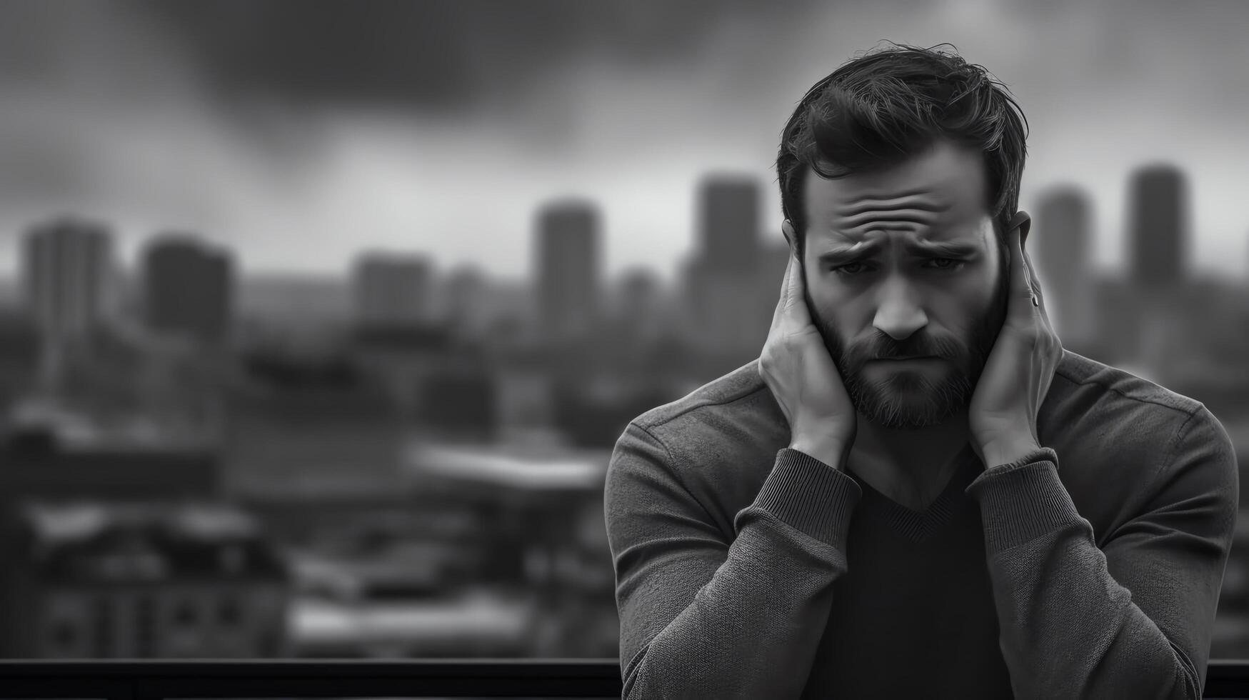 Dramatic grayscale image of a man standing against a cityscape background, his expression fraught with stress and worry. photo