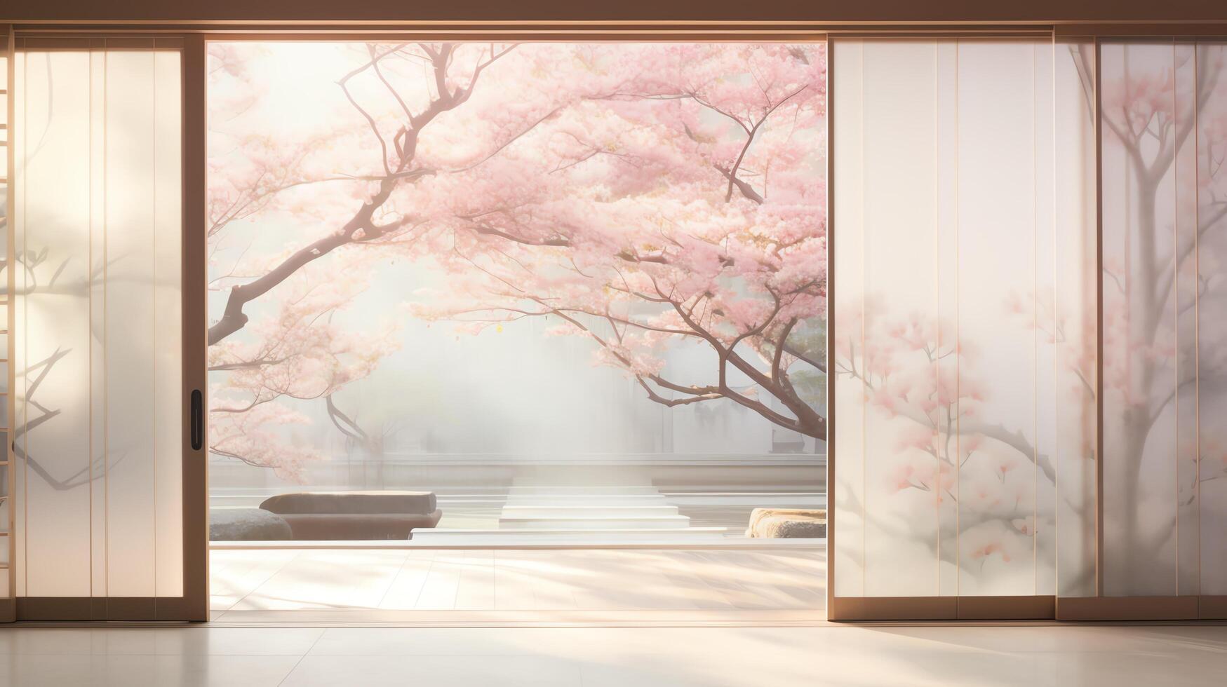 A photo of a cherry blossom tree in a Japanese garden with a traditional house in the background.