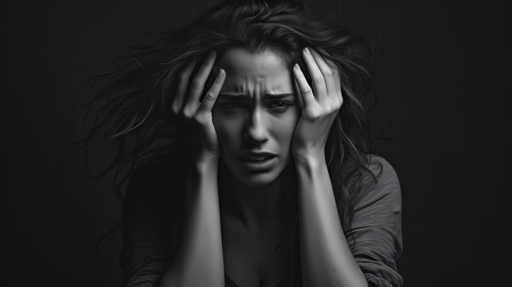A black and white portrait of a woman who is very upset and pulling her hair photo